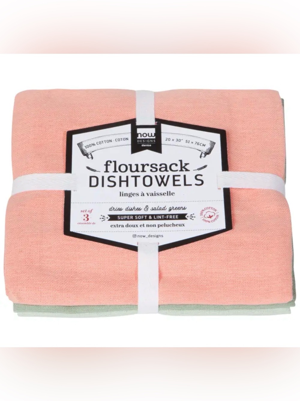 NWT- Now Designs Set of 3 Lint Free 100% Cotton Flour Sack Dishtowels.